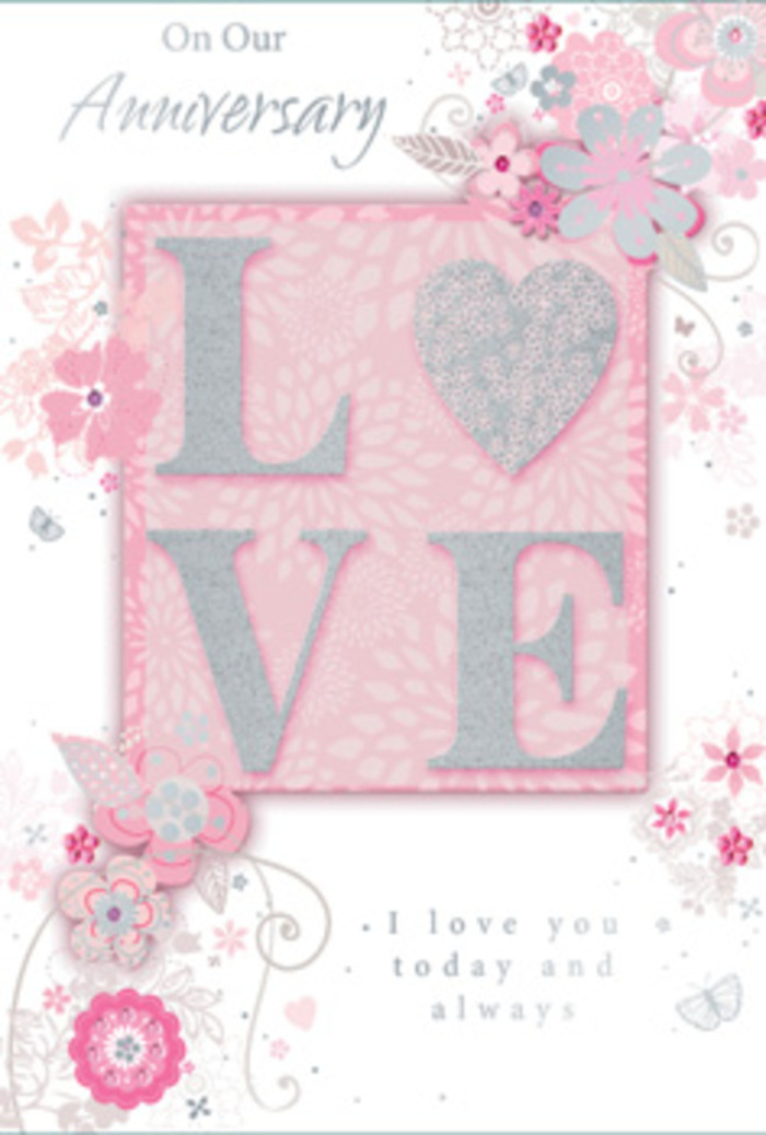 This anniversary card feels like stepping into a calm, sunlit room in Fulham where love is quietly honoured every day. Across the centre, the word LOVE appears in a prominent, frosted glitter print, the letters raised so that they cast the faintest of shadows on the blush-pink background. The glitter itself is fine and evenly applied, shifting between soft pink and silver tones in the light, lending a touch of playful sparkle without overwhelming the gentle design. Around this central motif, a border of wispy, hand-drawn blooms drifts along the edges, reminiscent of delicate posies arranged for a window ledge overlooking Fulham's leafy streets. Flowers in shades of pink, lilac, and creamy ivory float among slender leaves and curving stems, their lines so delicate they could have been drawn directly from a florist's planning pad at Florist Fulham. Interspersed within the florals, filigree swirls and small, almost-hidden butterflies add movement, like the gentle flutter of hearts or the quiet stir of petals in a breeze off the Thames. Nestled within this artwork is the message, I love you today and always, set in a graceful yet understated typeface that invites a thoughtful pause. The card's colour palette of soft pinks, pearlescent whites, and muted greys creates a soothing harmony, echoing the comfort of familiar streets from Parsons Green to Hammersmith. Overall, the composition feels like a hand-tied bouquet translated into paper-delicate, heartfelt, and crafted to be kept as a lasting reminder of an anniversary filled with gratitude and shared memories.